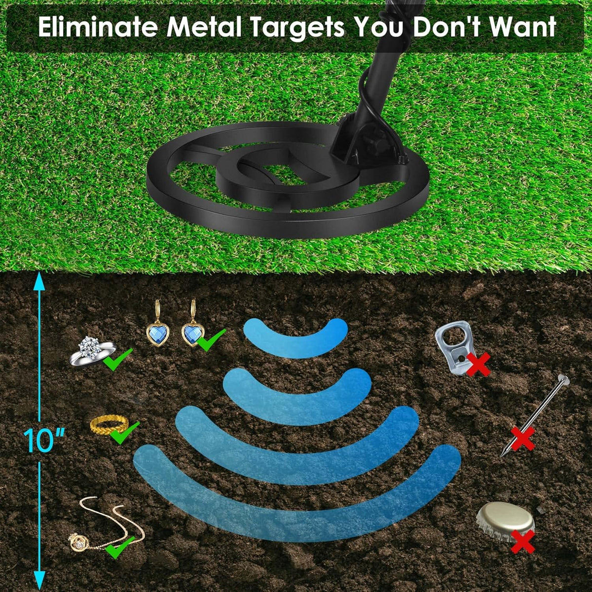 10" Depth Waterproof Metal Detector with LCD Display E524