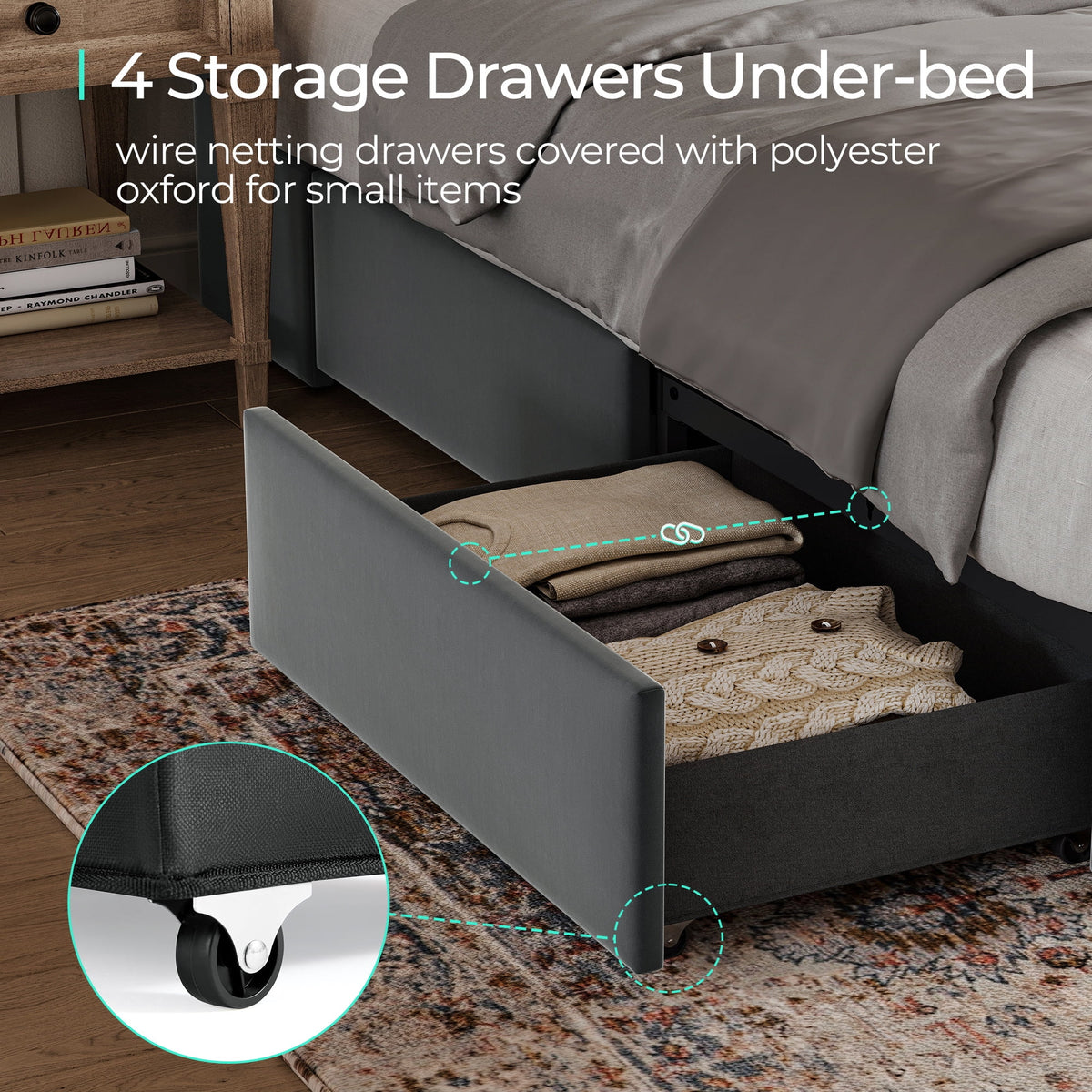 Queen Size Upholstered Platform Bed Frame with Headboard and 4 Storage Drawers N316