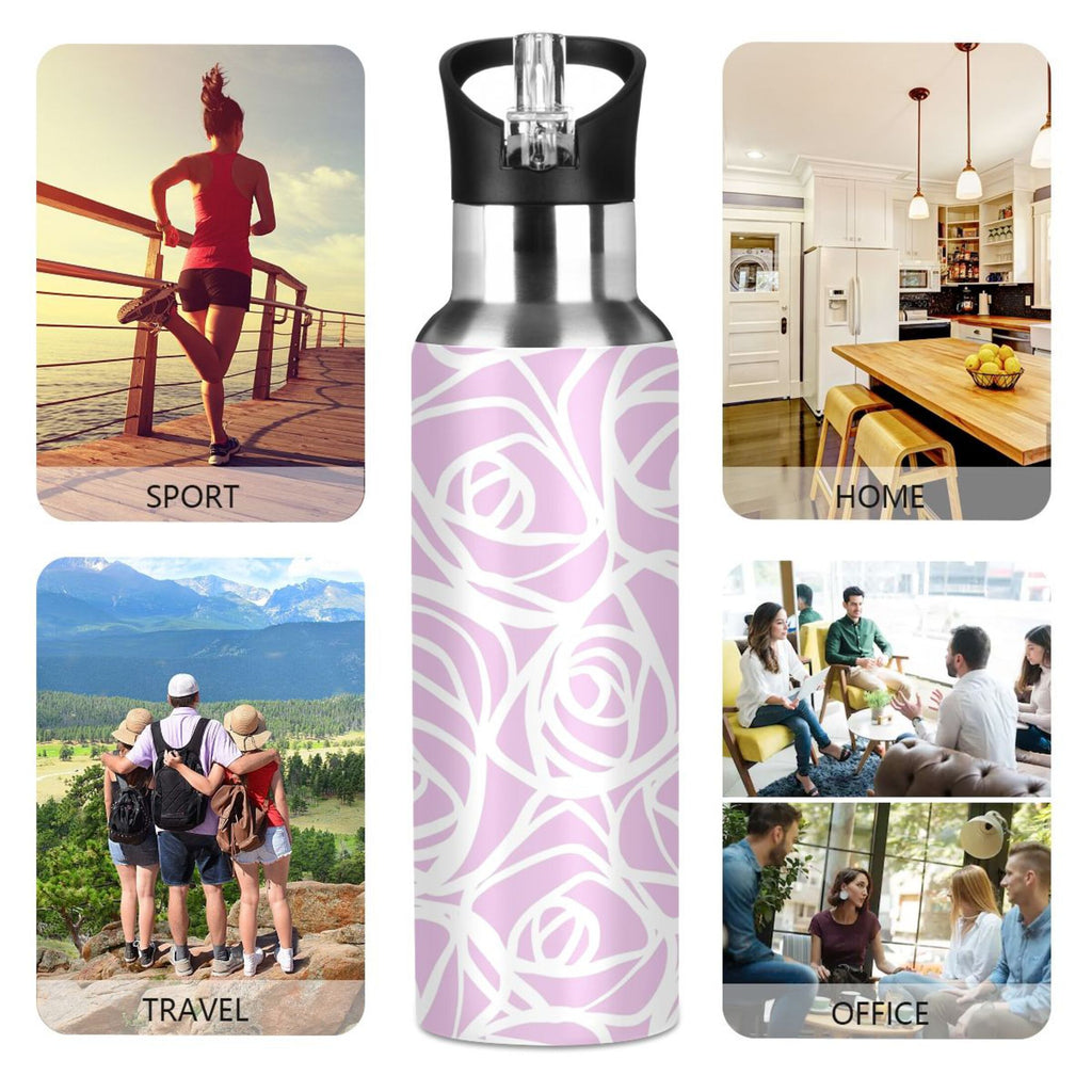 White Rose Flower Pink Stripes Stainless Steel Water Bottle 20 OZ I769