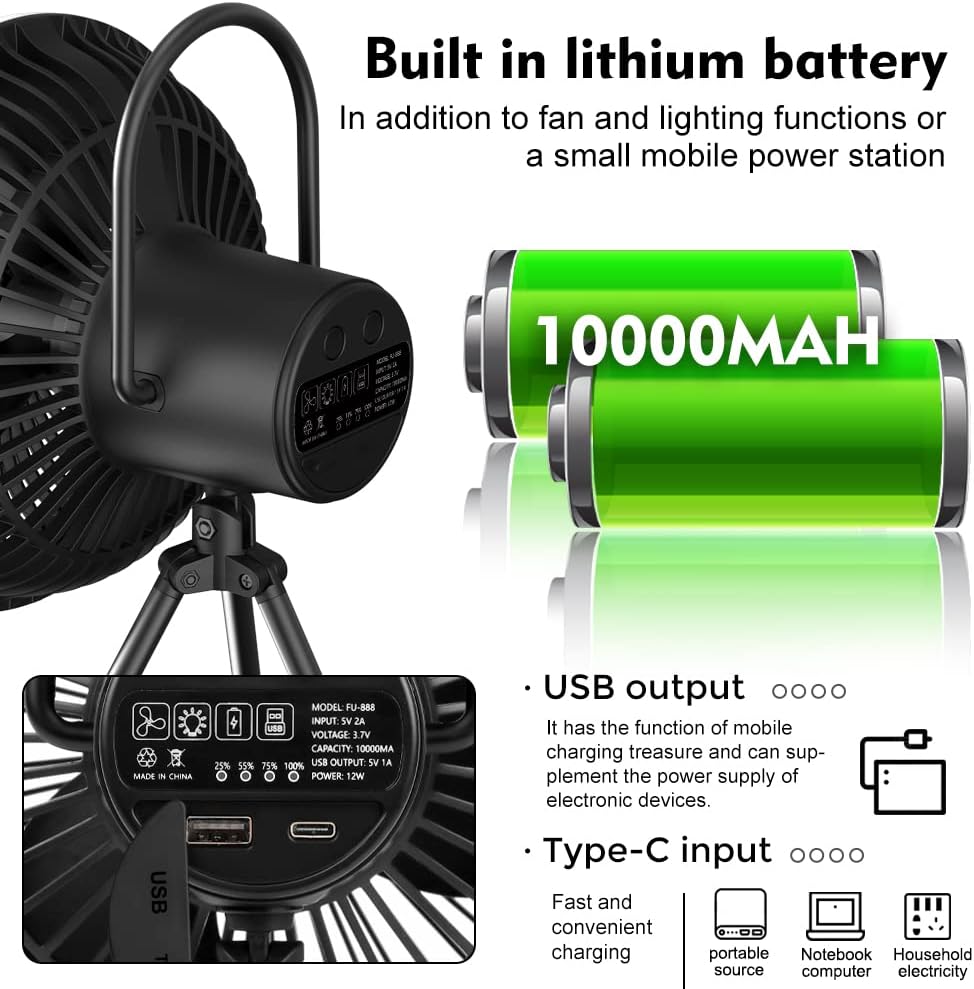 Camping Fan with LED Lantern, USB Desk Fan, Pack of 2 P9718