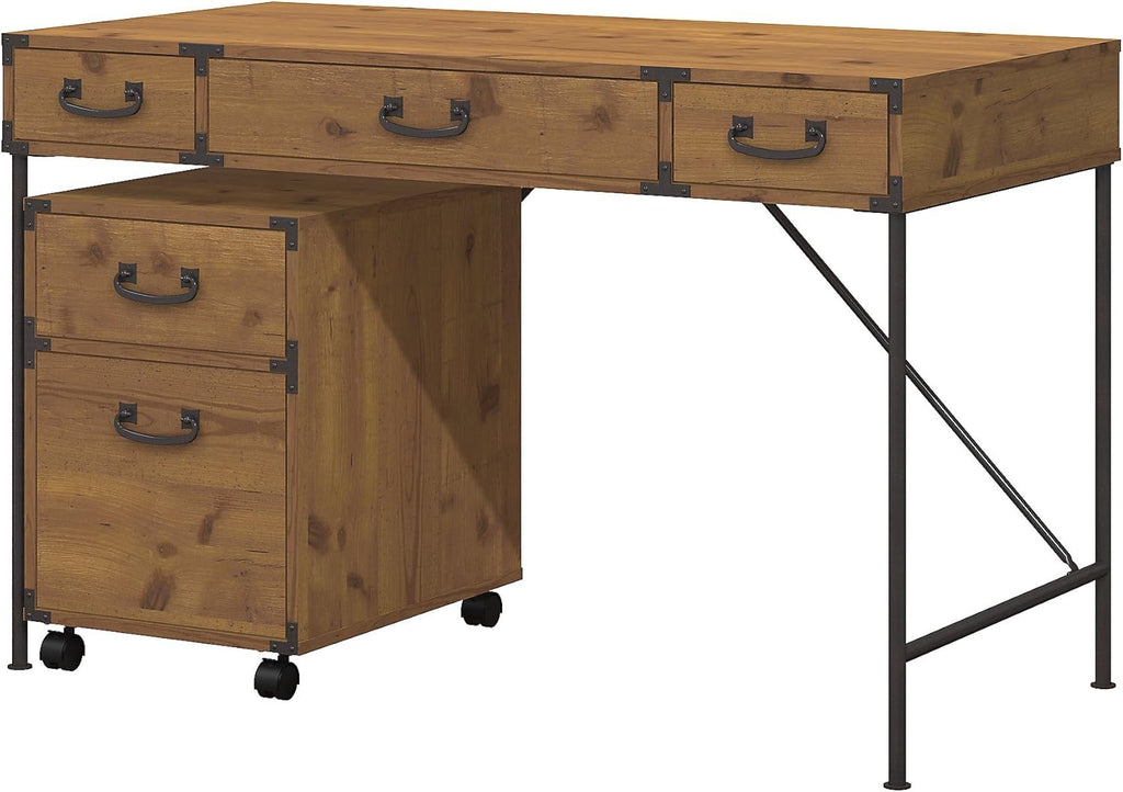Vintage Golden Pine Writing Desk and 2 Drawer File Cabinet Q426