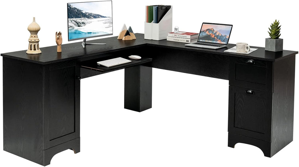L Shaped Corner Computer Desk with Storage Drawers & Cabinet H94259