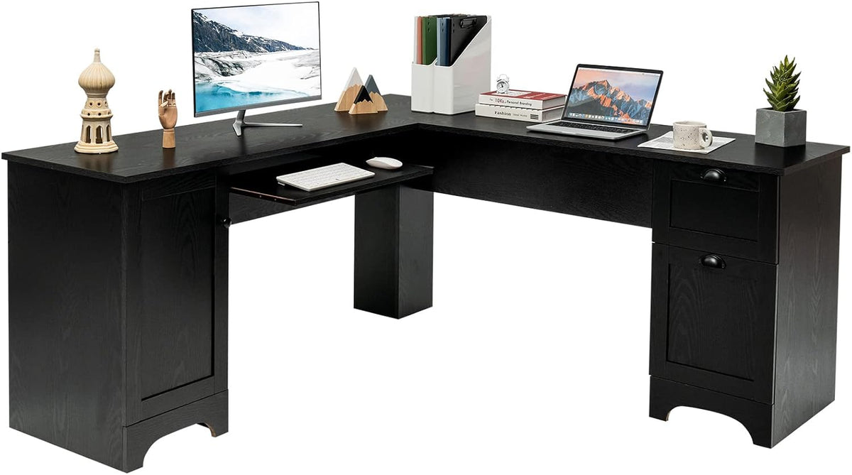 L Shaped Corner Computer Desk with Storage Drawers & Cabinet H94259