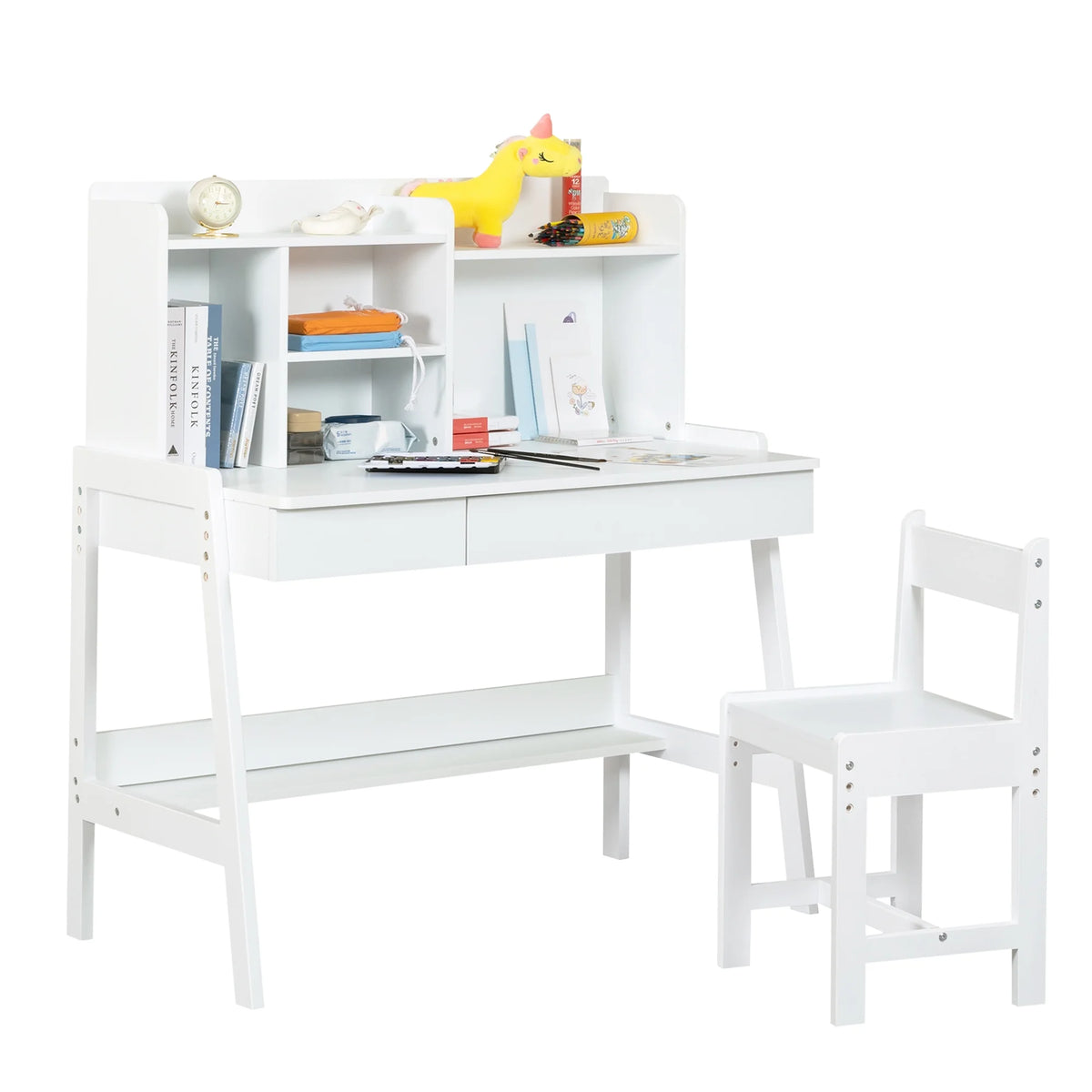 White Wooden Kids Desk and Chair Set with Drawers K69922