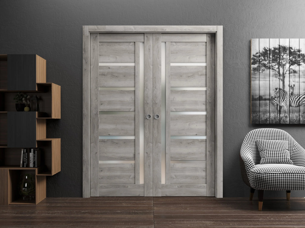 Sliding French Double Pocket Doors 64 x 84 inches Solid Wood with Frosted Glass O518
