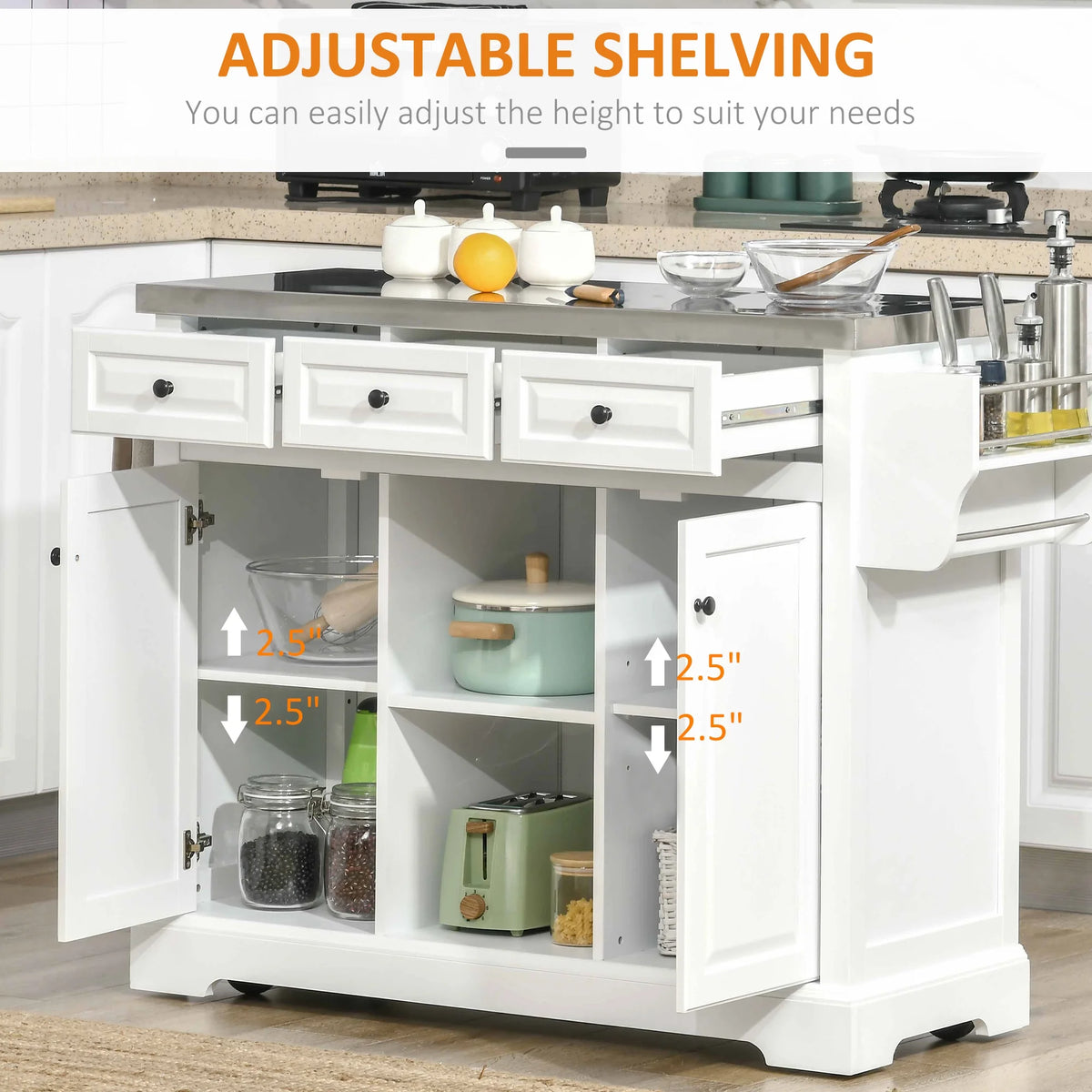 White Pine Wood Stainless Steel Rolling Kitchen Island Cart M7096