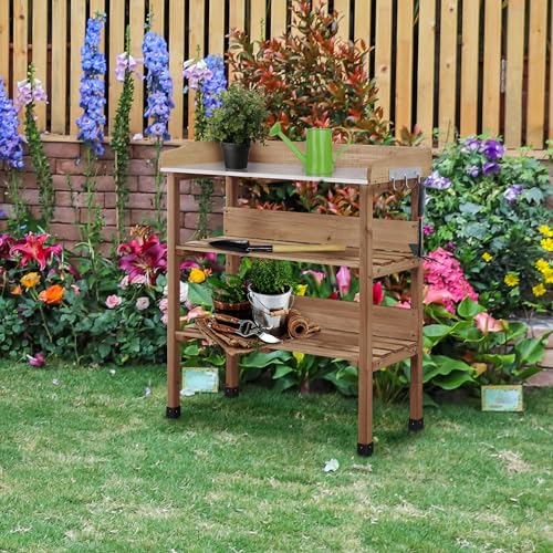 Brown Wooden Potting Bench Table with Storage Shelf S26507