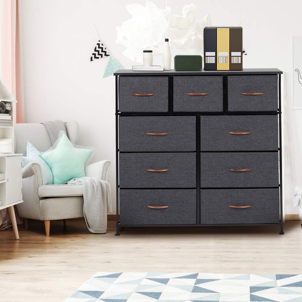 Grey 9 Drawer Fabric Dresser with Steel Frame and Wooden Top U99074