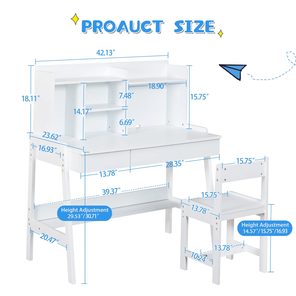 White Wooden Kids Desk and Chair Set with Drawers K69922