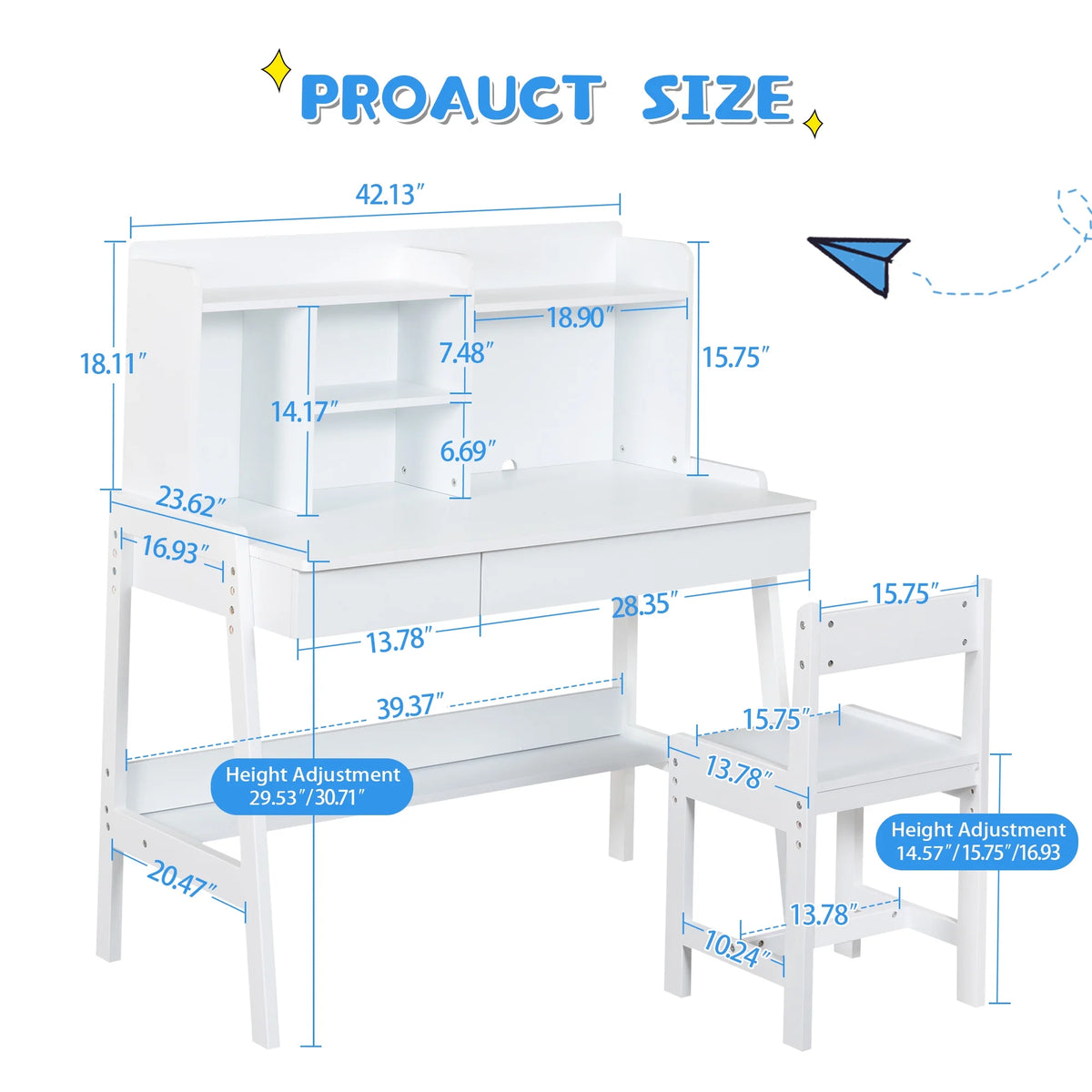 White Wooden Kids Desk and Chair Set with Drawers K69922
