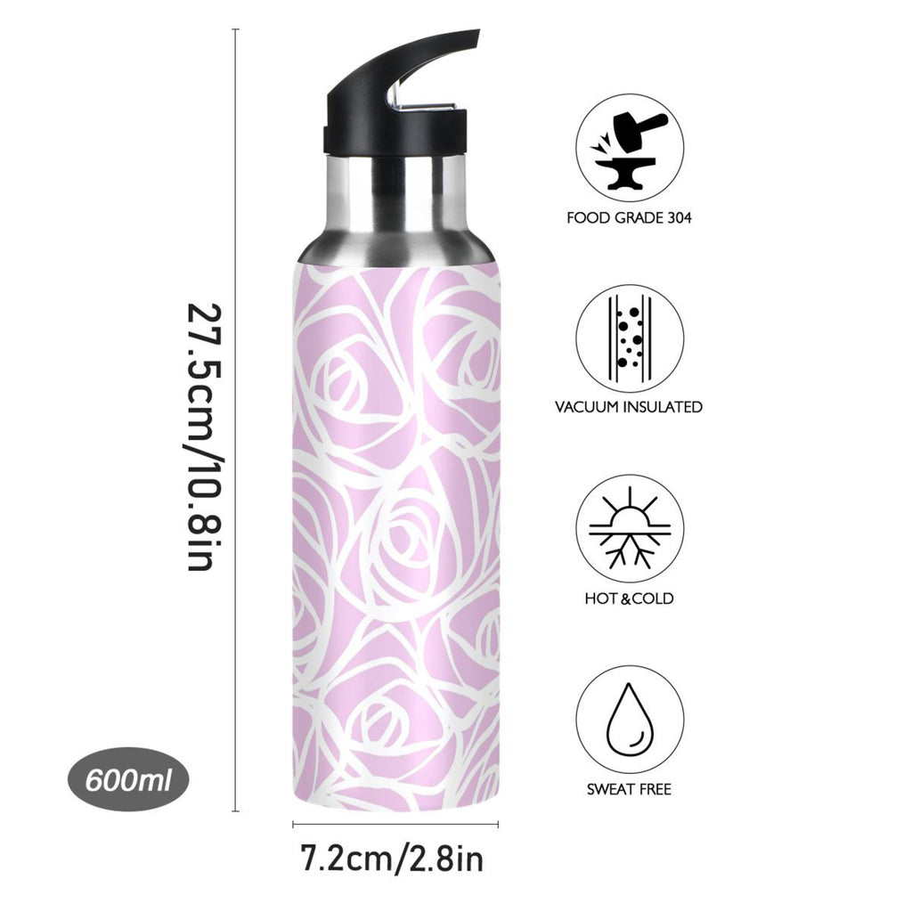 White Rose Flower Pink Stripes Stainless Steel Water Bottle 20 OZ I769