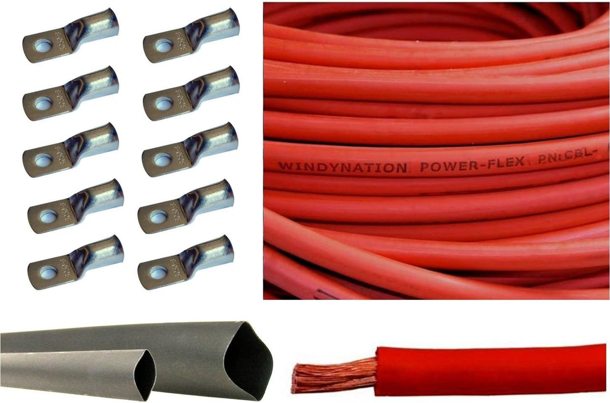 4/0 AWG 10 Feet Red + 10 Feet Black Pure Copper Flexible Cable + 10pcs 3/8" Tinned Copper Cable Lug Terminal Connectors + 3 Feet Black Heat Shrink Tubing S48066