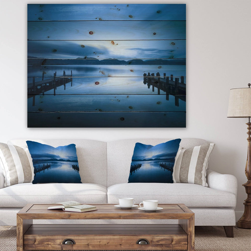Dark Blue Sea and Piers Seascape Print on Natural Pine Wood T2788