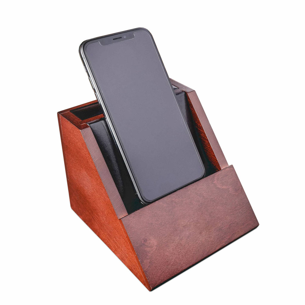 Walnut and Leather Desktop Cell Phone Holder A147