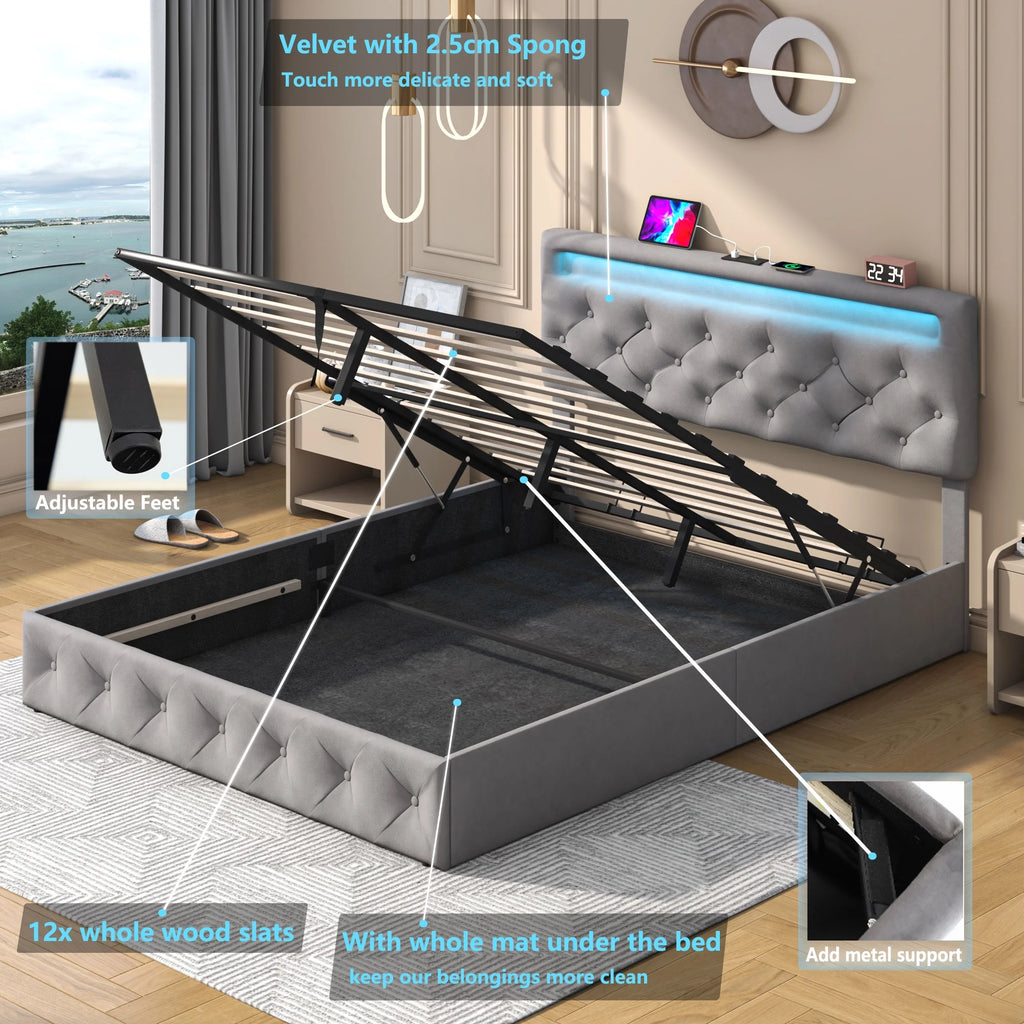 Queen Lift Up Velvet Storage Bed Frame with LED Light & Power Outlets V156444