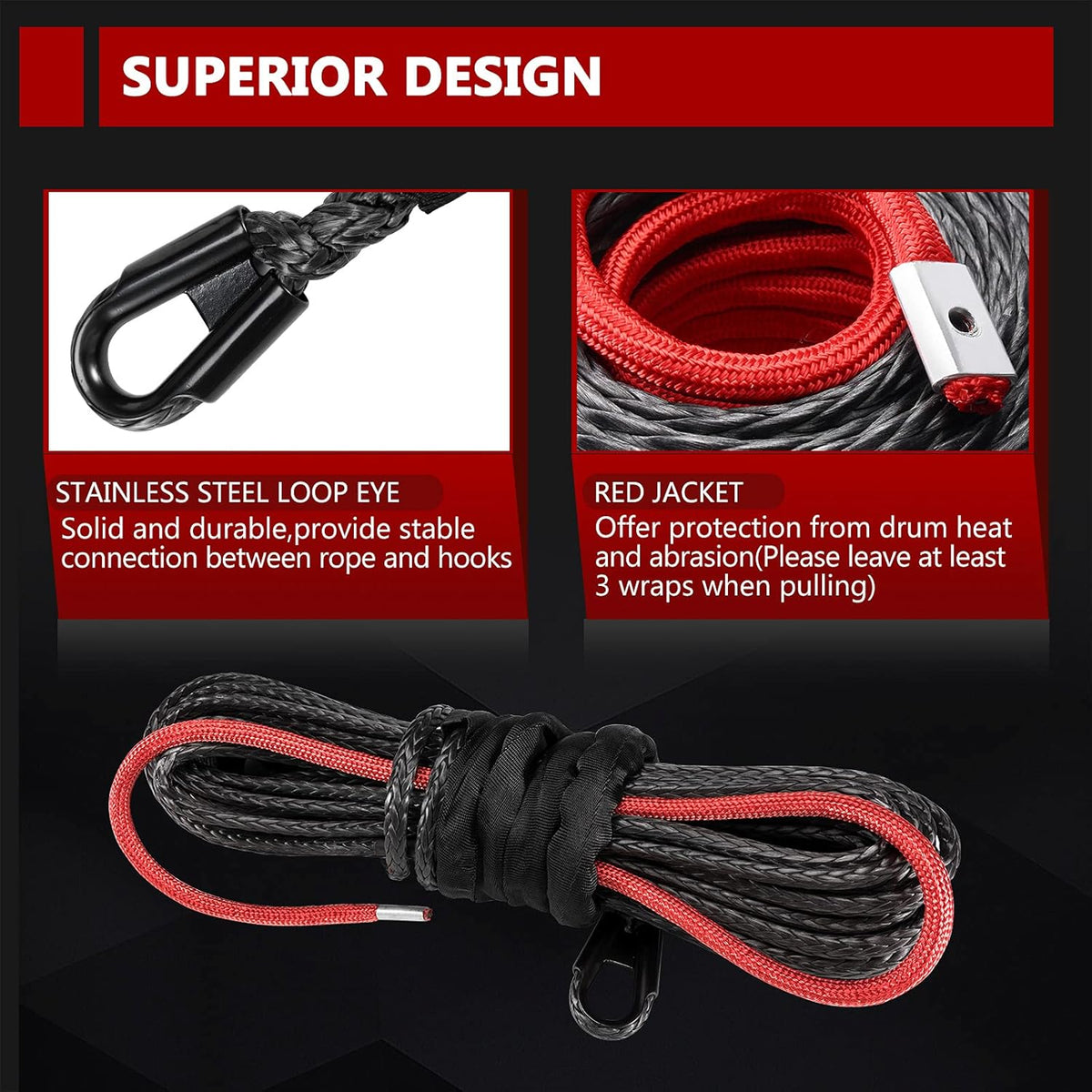 Synthetic Winch Rope 3/8 x 85', 25000 lbs with Protective Sleeve, Black U7549