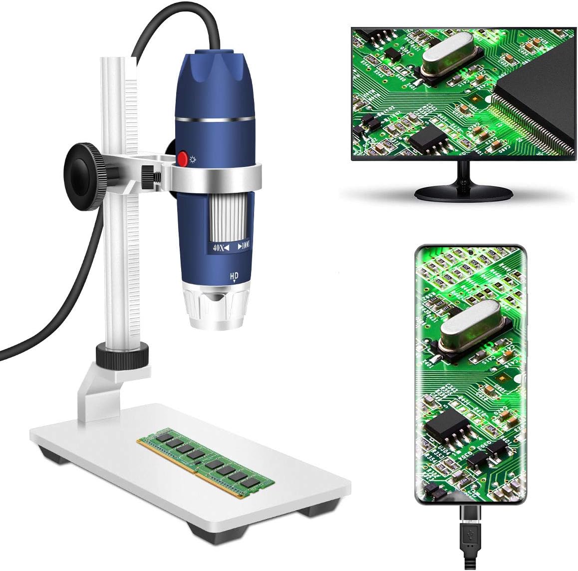 2MP USB Digital Microscope 40-1000X with 8 LEDs Aluminum Alloy Stand C986468
