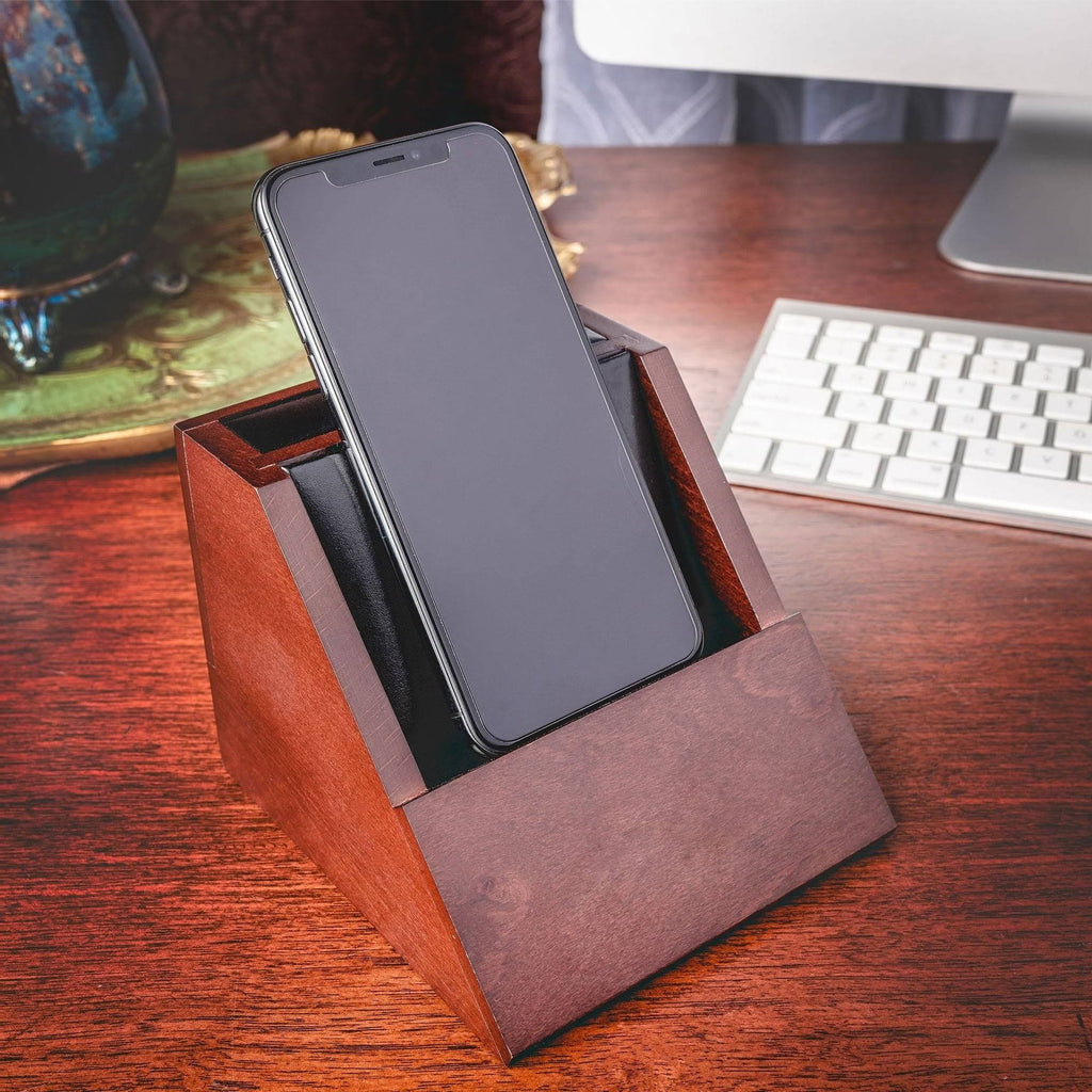Walnut and Leather Desktop Cell Phone Holder A147