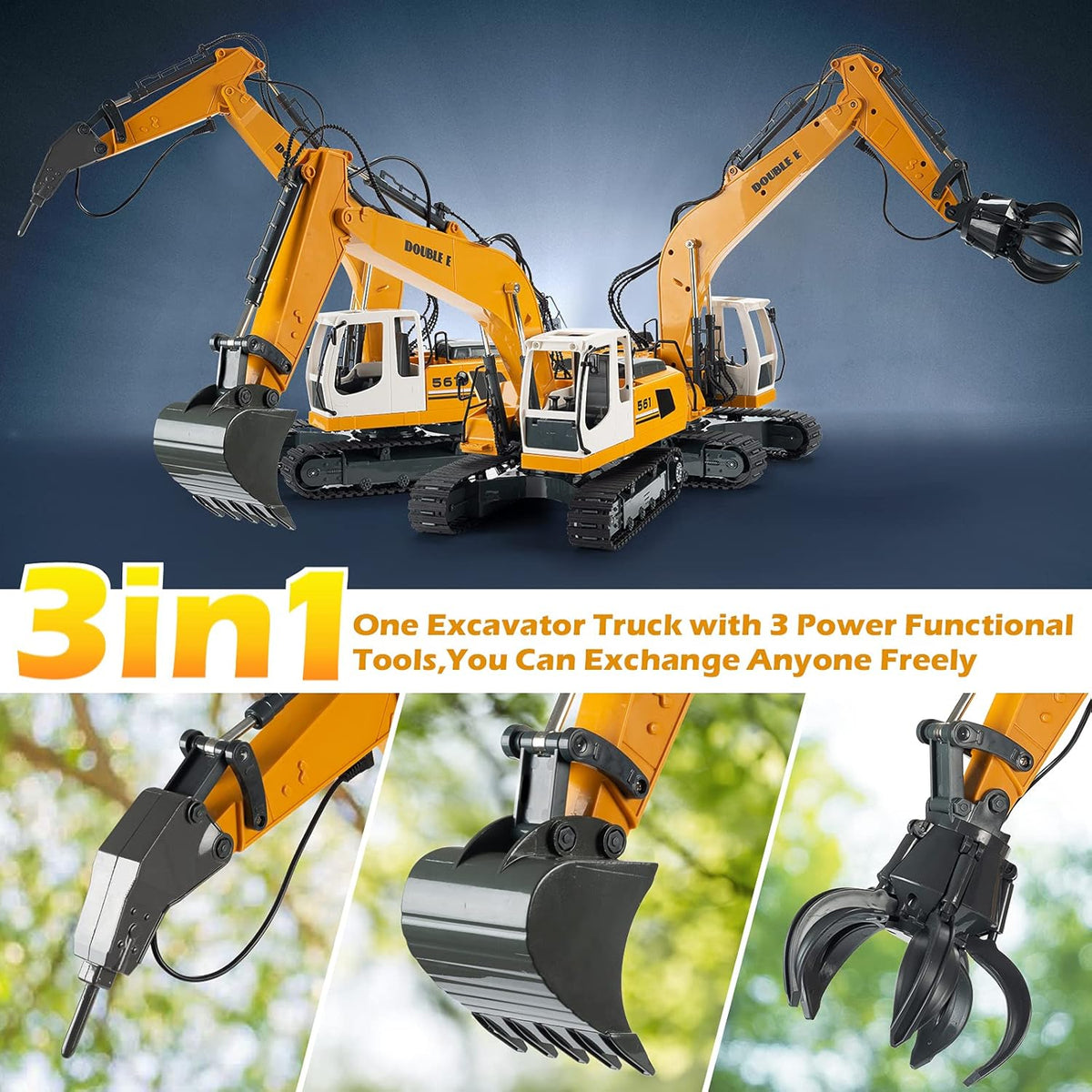Remote Control Excavator Toy 17 Channel 3 in 1 RC Construction Vehicle with Working Lights U7255