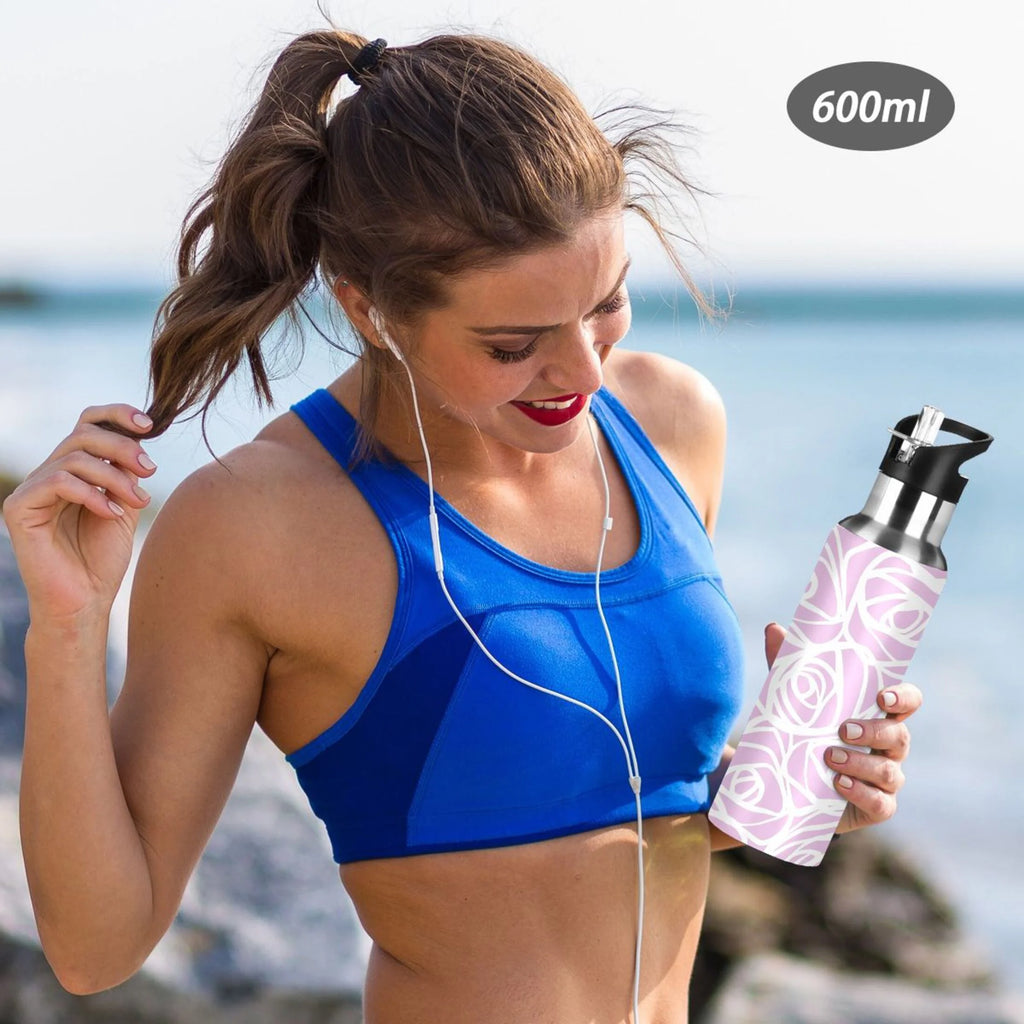 White Rose Flower Pink Stripes Stainless Steel Water Bottle 20 OZ I769