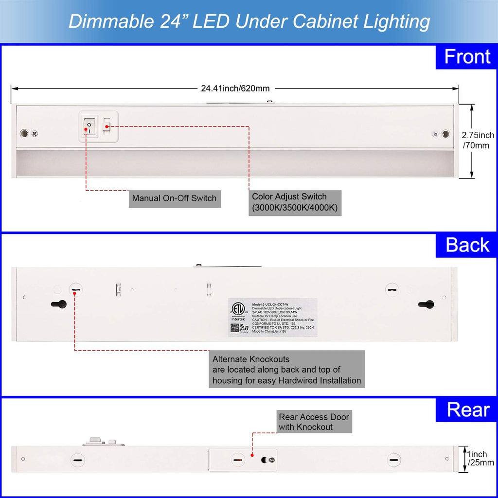 LED Under Cabinet Lighting Fixture, 24-inch 14W 985 Lumen, Dimmable, CRI 90, 3000K/3500K/4000K, Linkable, Hardwired or Plug-in, White Finish, Pack of 2 K883034