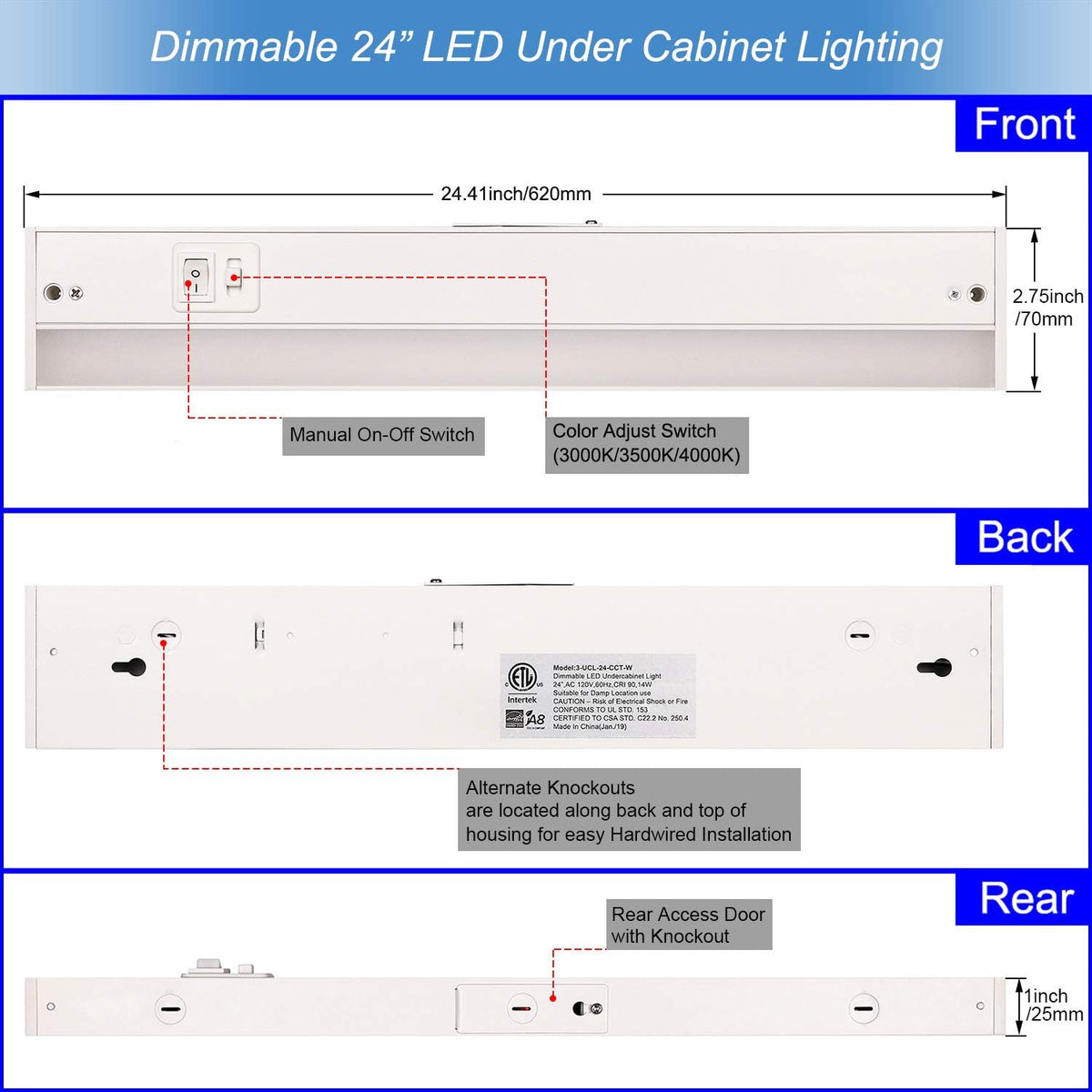 LED Under Cabinet Lighting Fixture, 24-inch 14W 985 Lumen, Dimmable, CRI 90, 3000K/3500K/4000K, Linkable, Hardwired or Plug-in, White Finish, Pack of 2 K883034