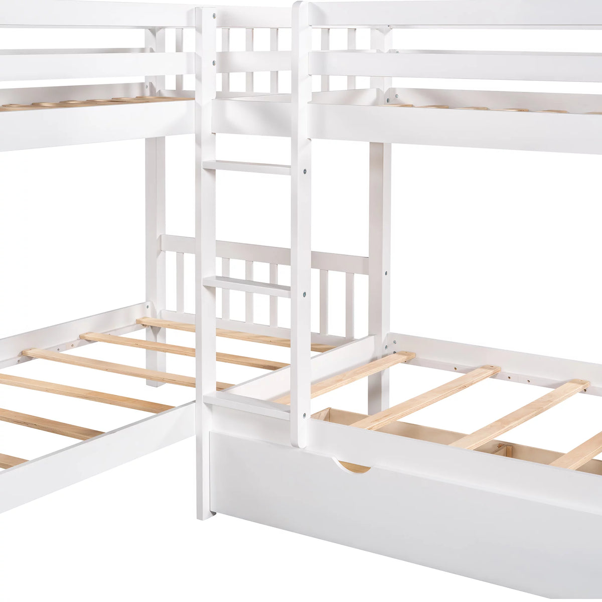 White Wooden L-Shaped Twin Over Twin Bunk Beds with Storage Drawers P522311