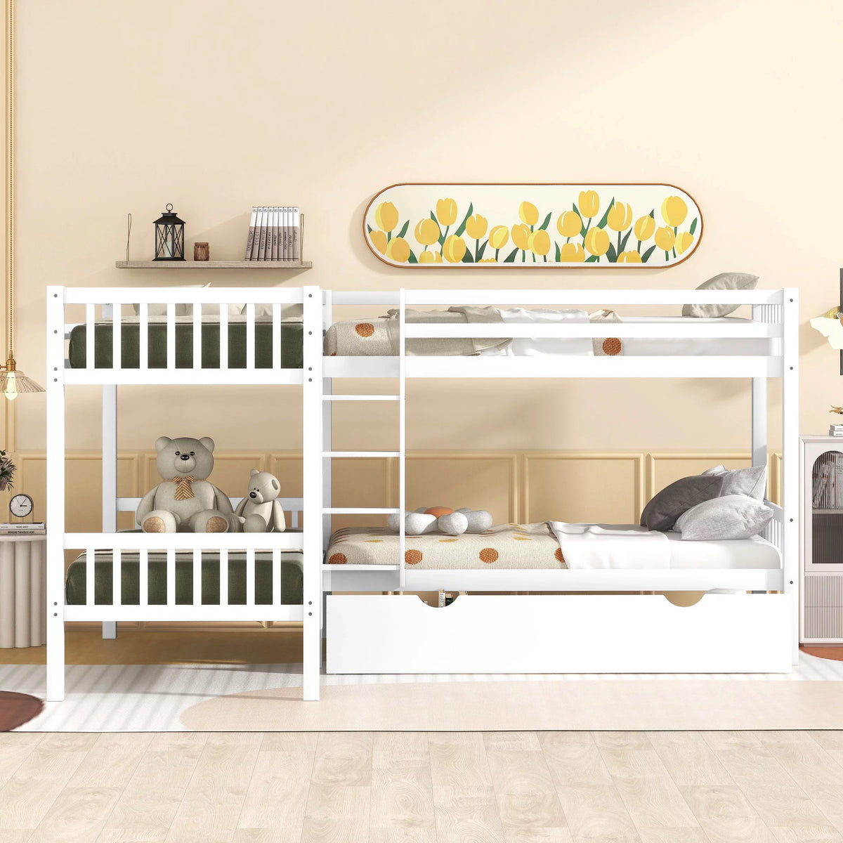 White Wooden L-Shaped Twin Over Twin Bunk Beds with Storage Drawers P522311