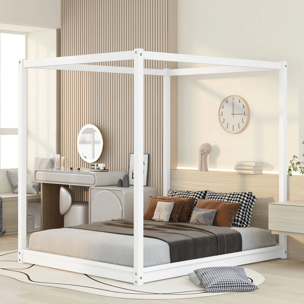 White Queen Size Wood Canopy Bed Frame with Headboard R7349