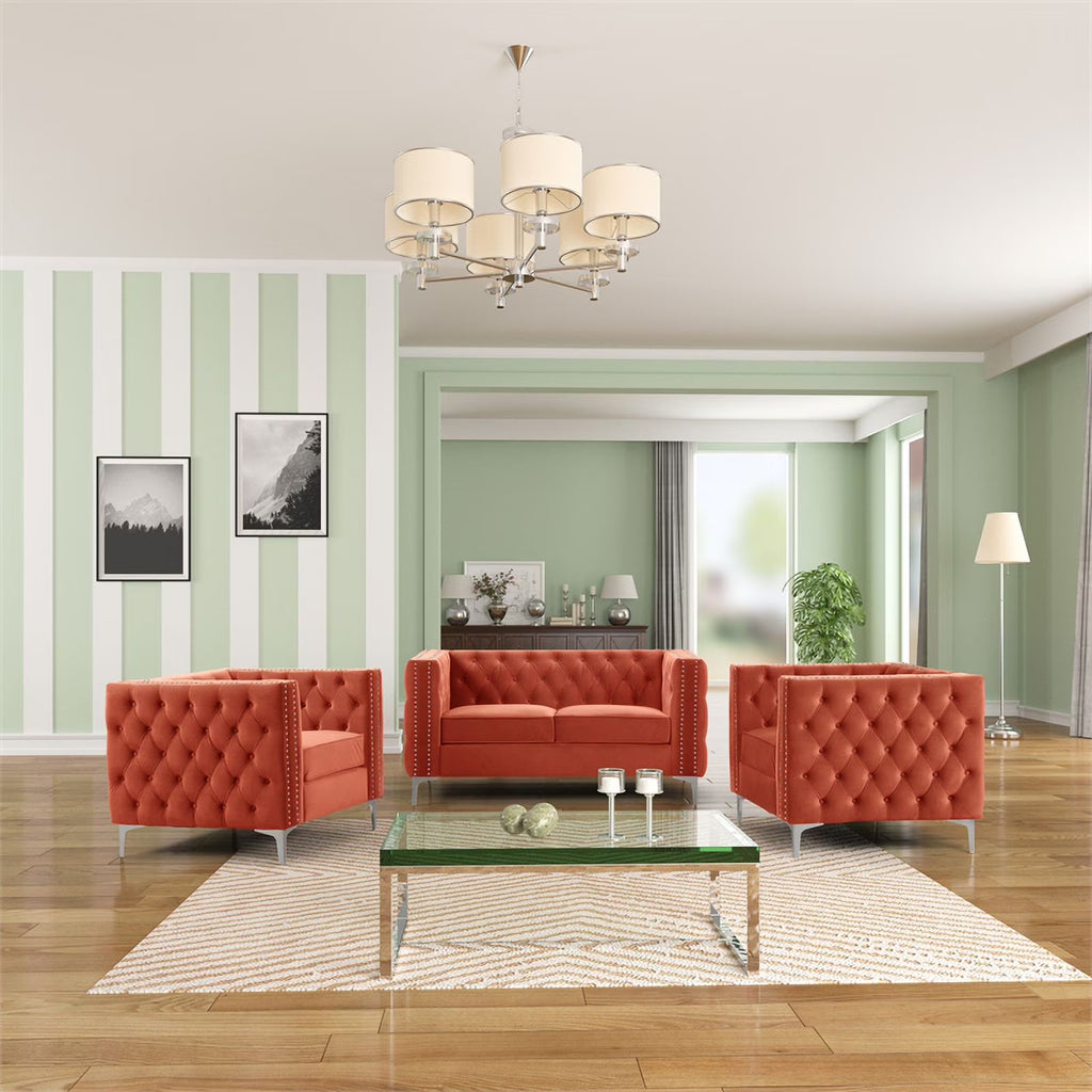 3-PC Velvet Loveseat and 2 Chairs Set Orange B718