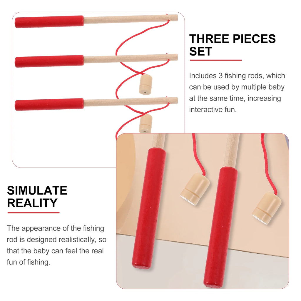 3pcs Kids Toy Magnetic Wood Fishing Poles Fishing Games Wooden Fishing Rod V5438