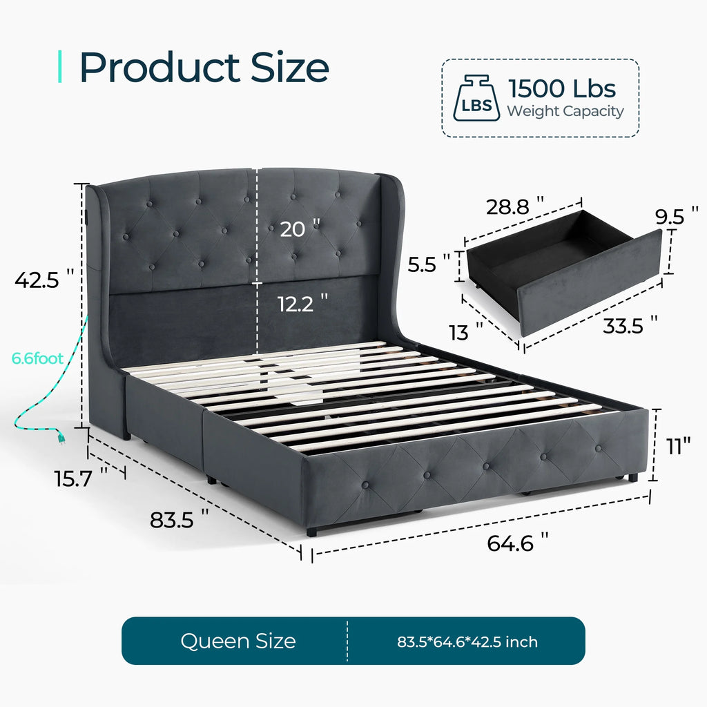 Queen Size Upholstered Platform Bed Frame with Headboard and 4 Storage Drawers N316