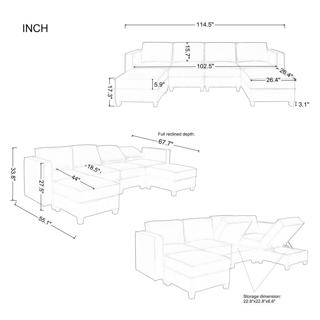 Modern Large Velvet U-Shaped Convertible Sectional Sofa Bed with Removable Storage Ottomans M1049