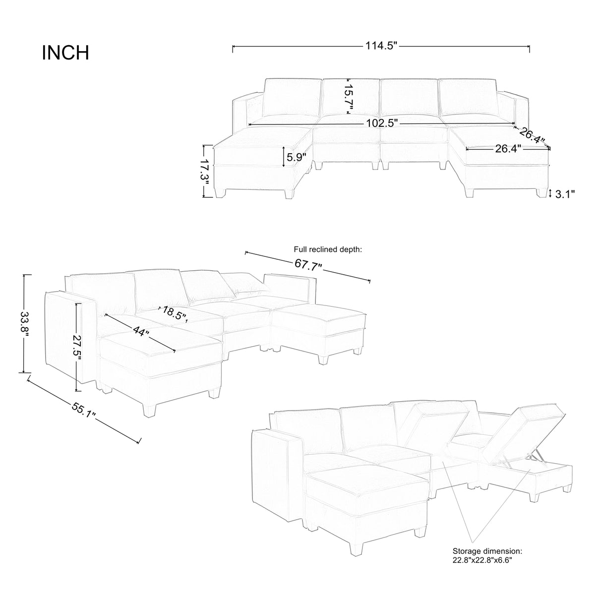 Modern Large Velvet U-Shaped Convertible Sectional Sofa Bed with Removable Storage Ottomans M1049