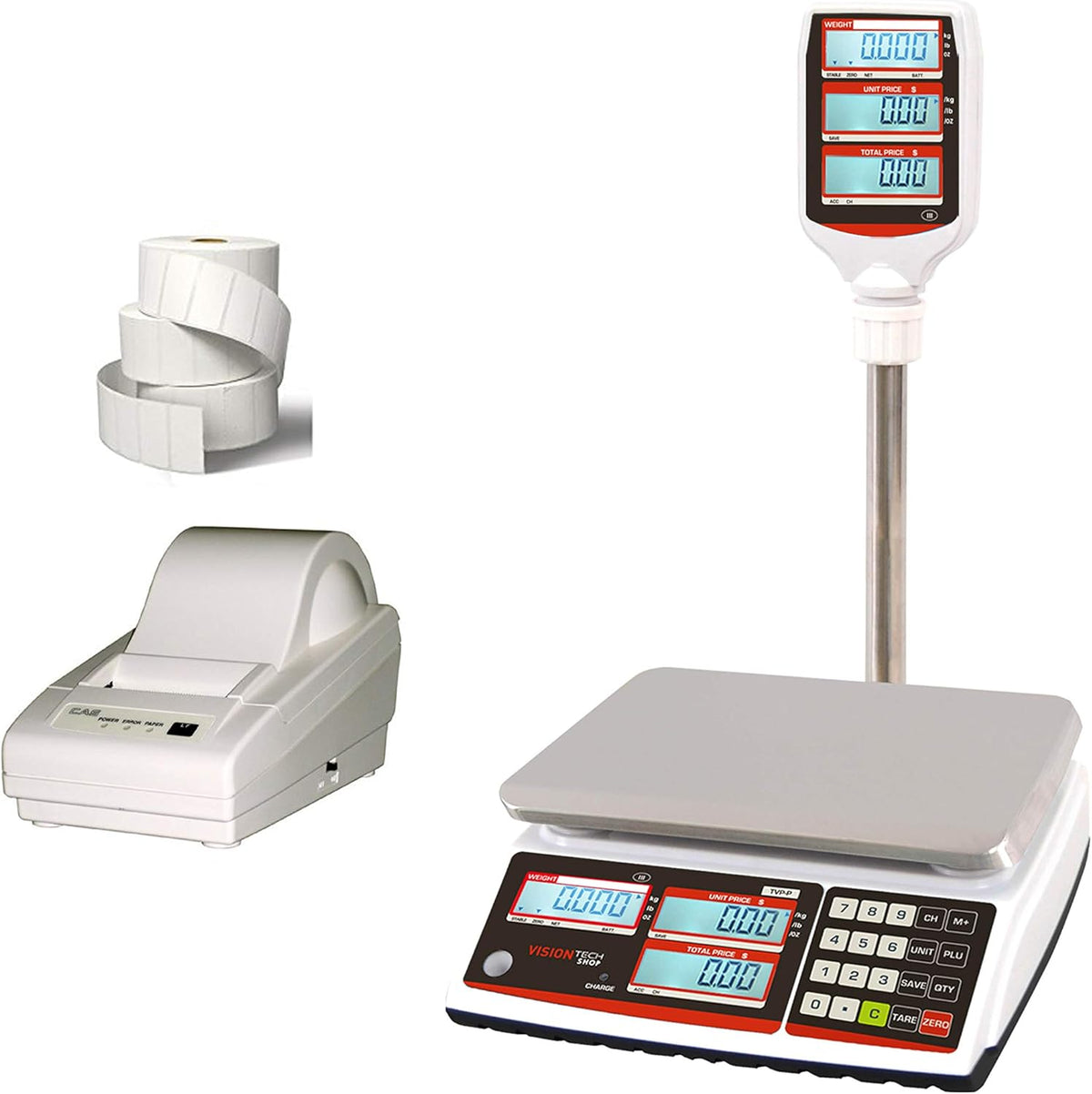 Price Computing Scale with Pole Display, 12lb Capacity, 0.002lb Readability, Thermal Label Printer, 1 Case of Labels W424514