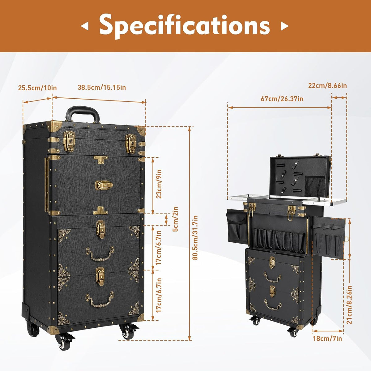 Rolling Makeup Train Case Lockable Cosmetology Case on Wheels Aluminum Alloy U651589