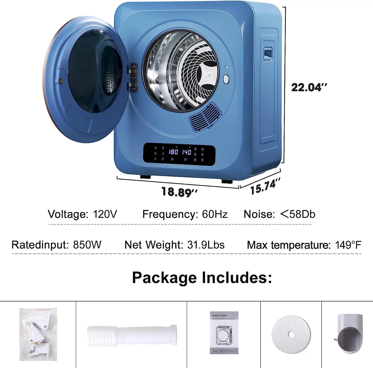 Compact Electric Clothes Dryer 8.8 Lbs 850W with Moisture Sensor I123979