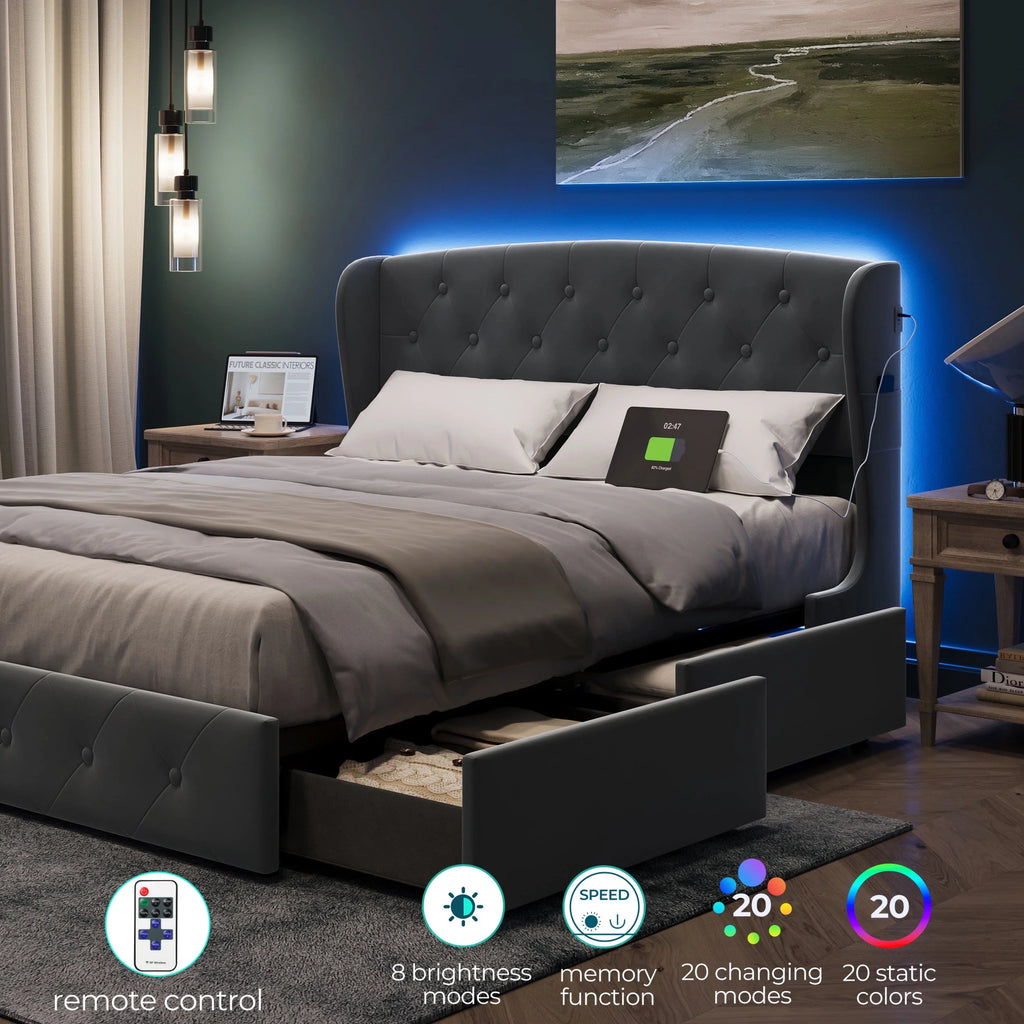 Queen Size Upholstered Platform Bed Frame with Headboard and 4 Storage Drawers N316