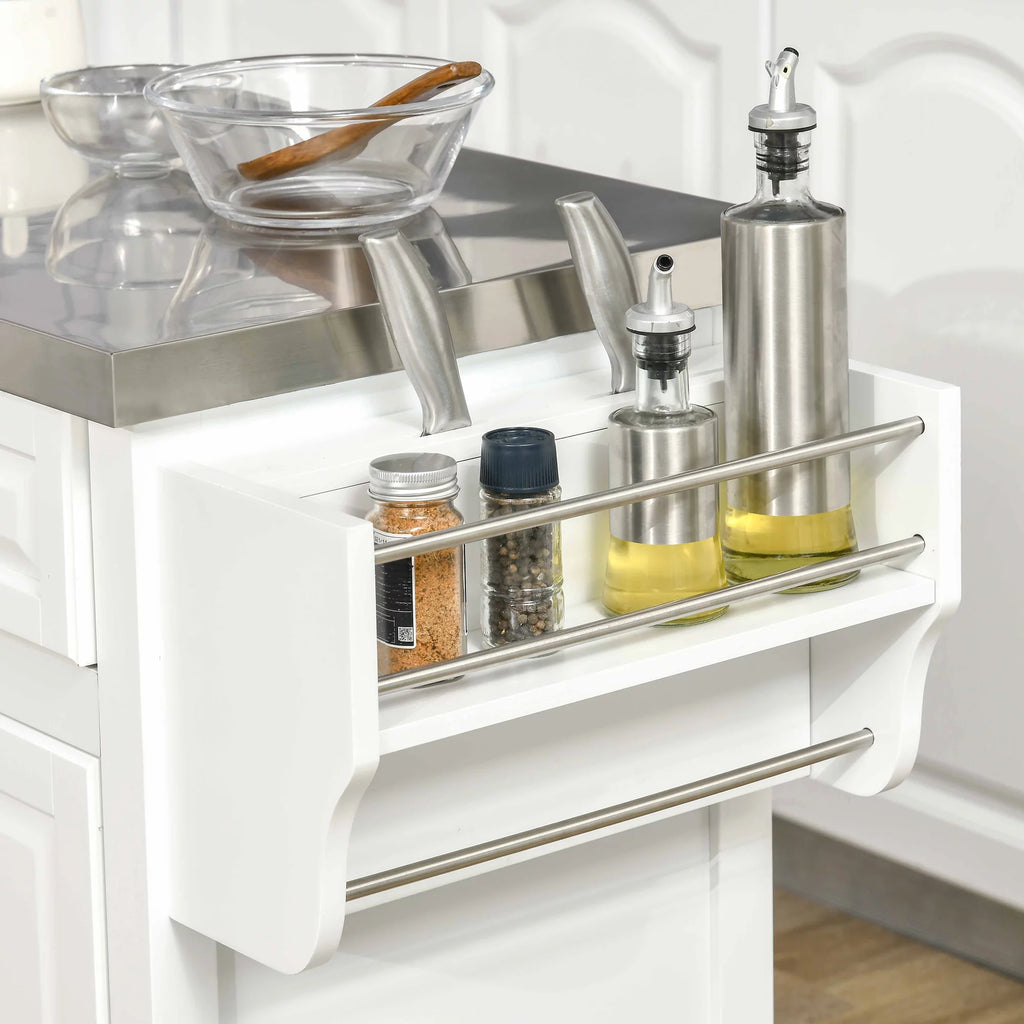 White Pine Wood Stainless Steel Rolling Kitchen Island Cart M7096