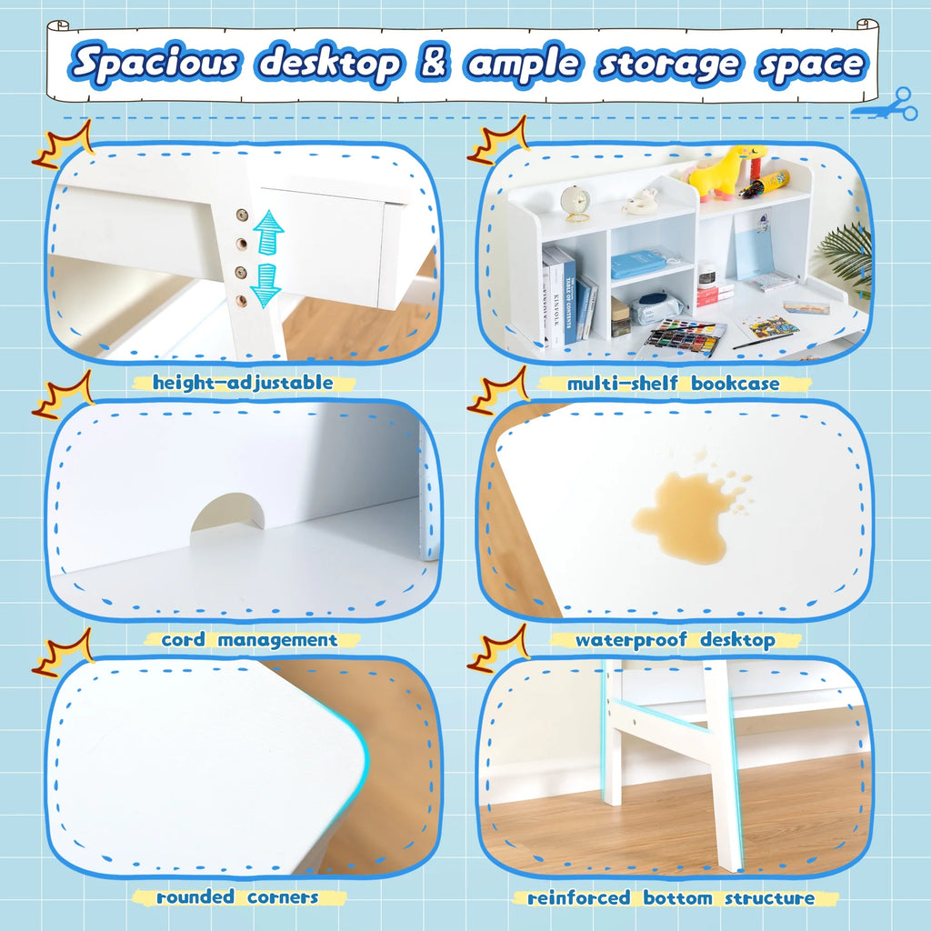 White Wooden Kids Desk and Chair Set with Drawers K69922