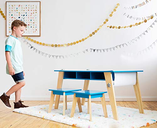 Gray Kids Arts and Crafts Table Set with Two Stools and Storage Cubbies V99994