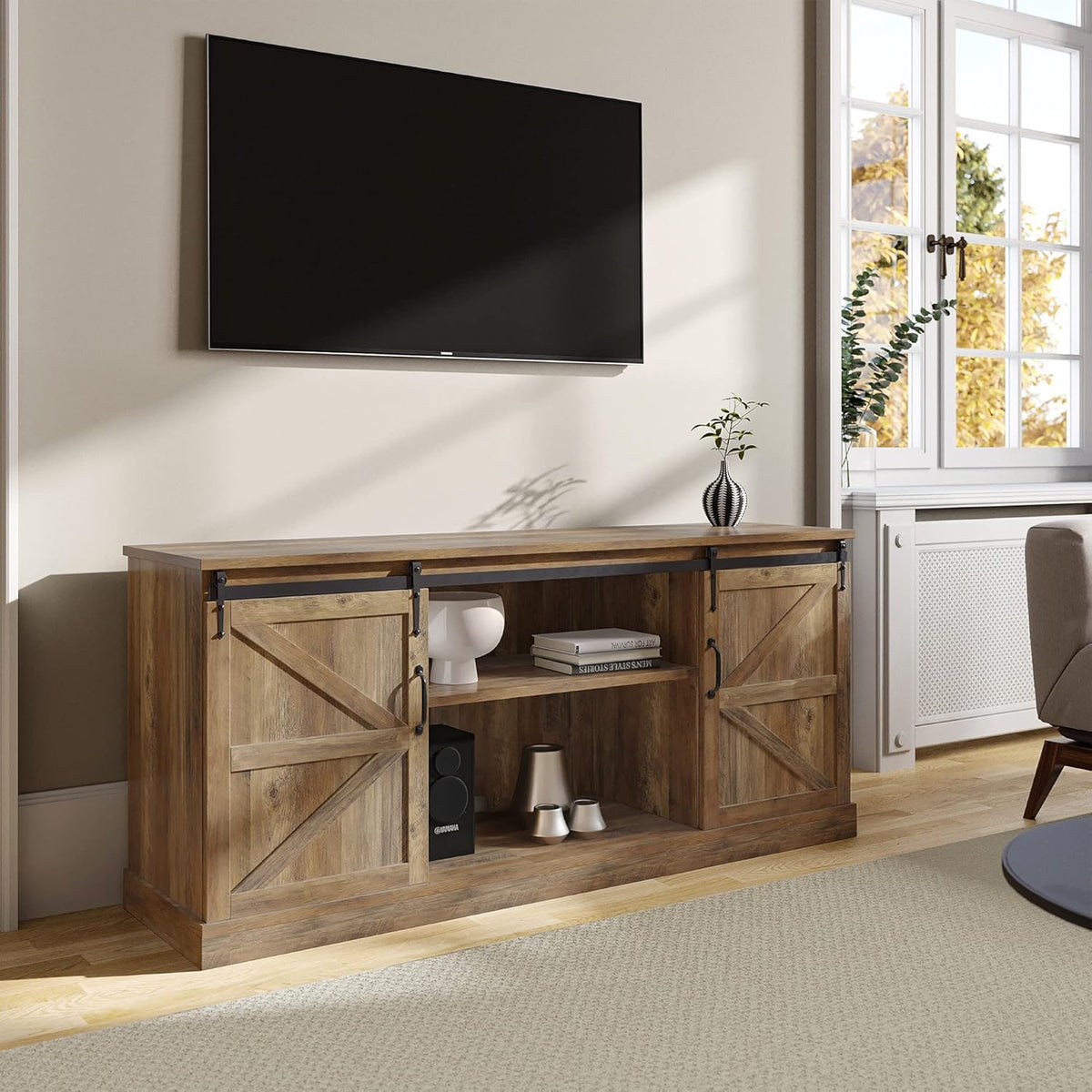 52 Inch TV Stand with Sliding Barn Door and Storage Cabinets (Espresso) I331704