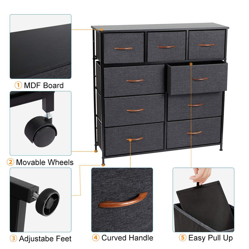 Grey 9 Drawer Fabric Dresser with Steel Frame and Wooden Top U99074
