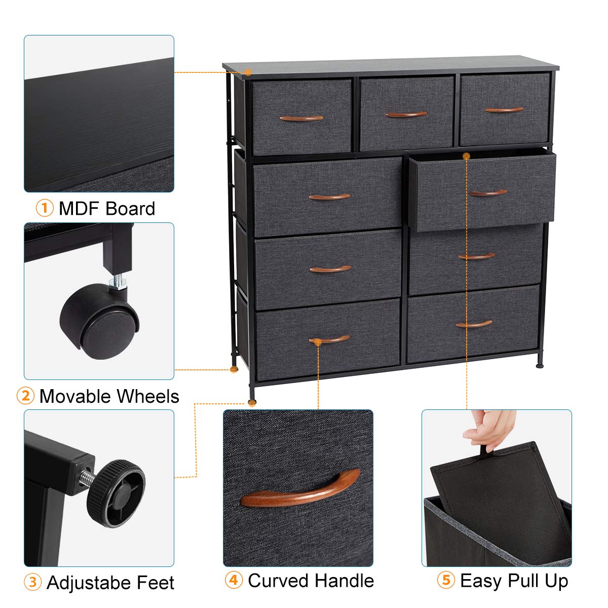 Grey 9 Drawer Fabric Dresser with Steel Frame and Wooden Top U99074