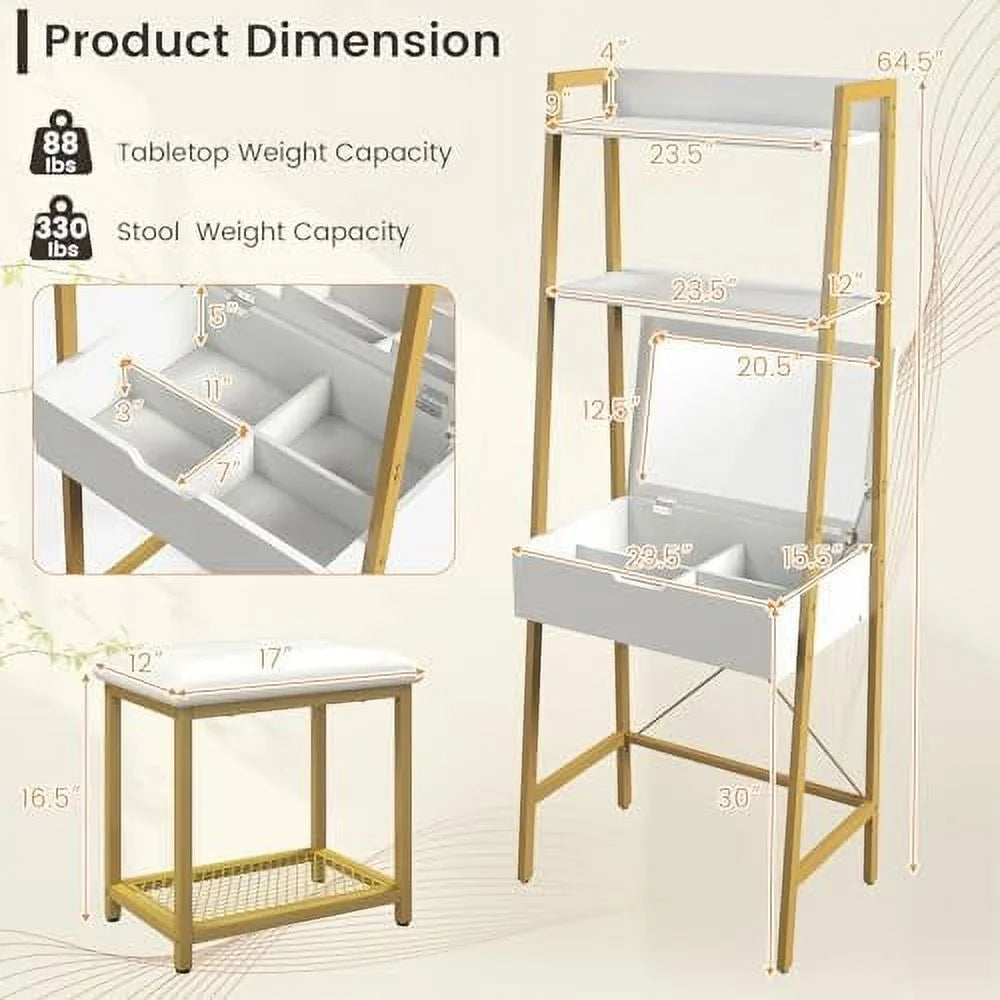 Black Brown Vanity Table Set with Flip Top Mirror and Cushioned Stool F486005