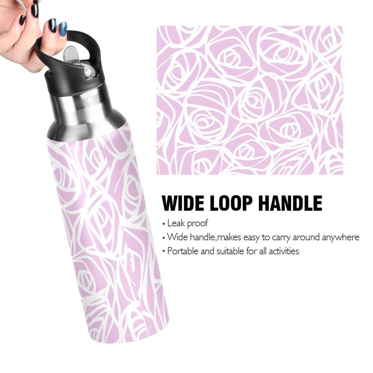 White Rose Flower Pink Stripes Stainless Steel Water Bottle 20 OZ I769