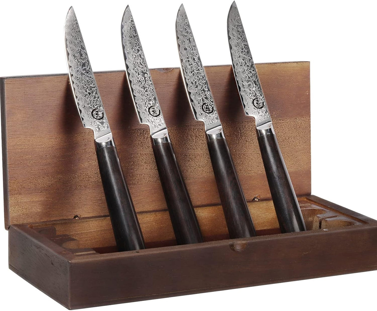 Set of 4 Non-Serrated Damascus Steak Knives with Case V3641