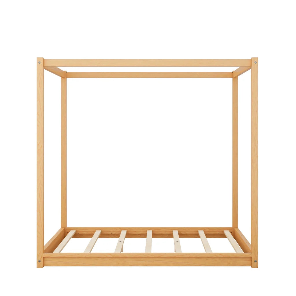 White Queen Size Wood Canopy Bed Frame with Headboard R7349