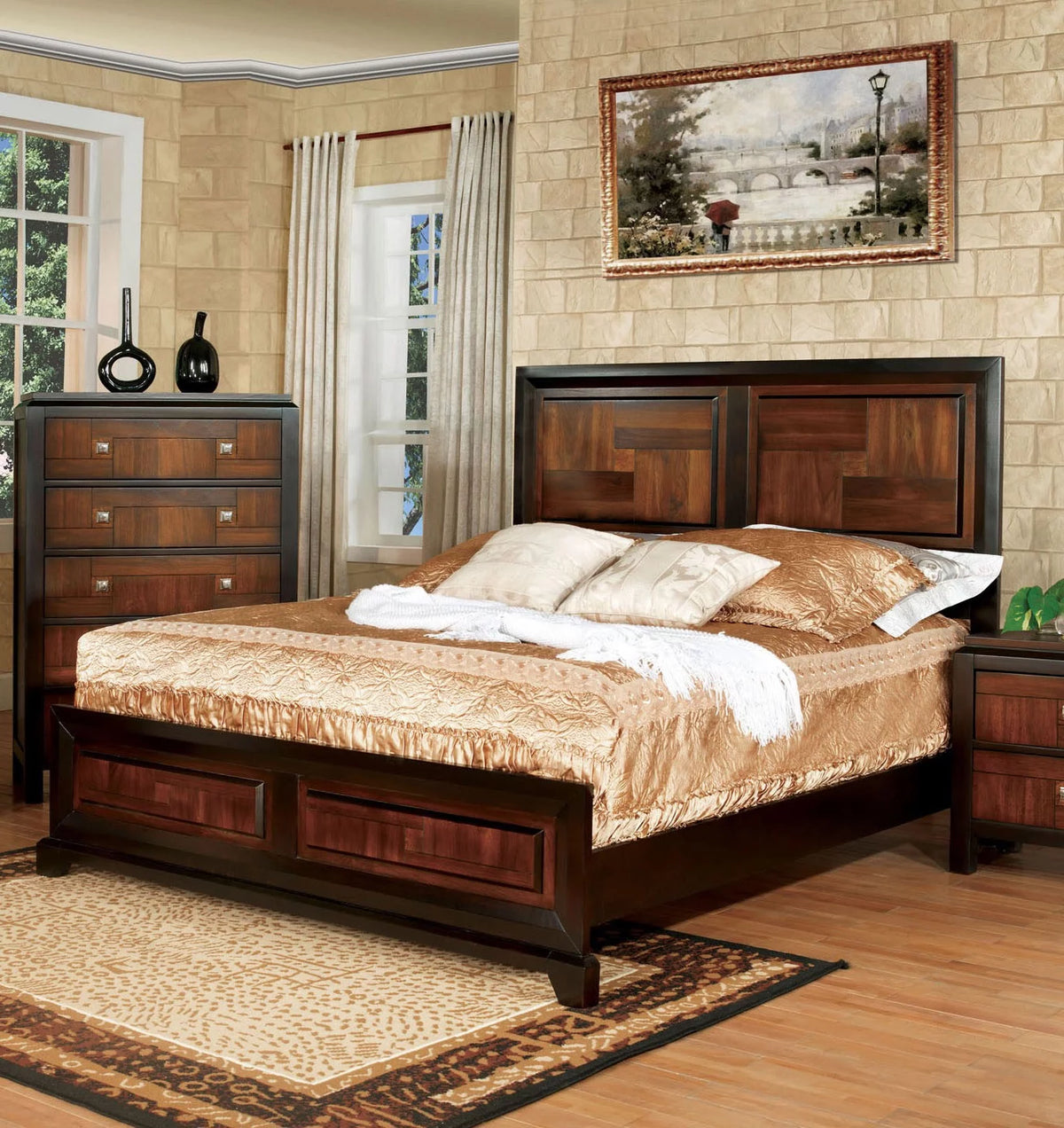 King Size Acacia Panel Bed Two Tone Walnut Bedframe V647