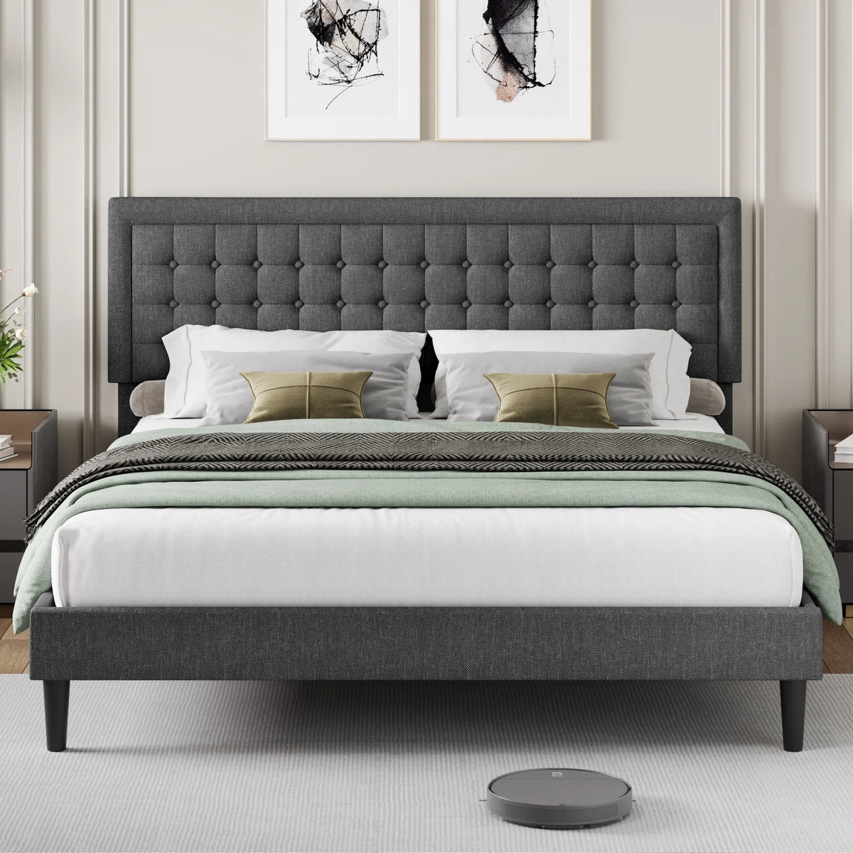 King Size Linen Fabric Bed Frame with Tufted Headboard G551810